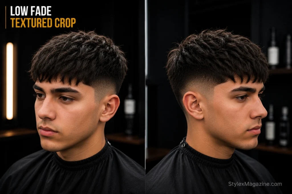 Low fade textured crop showing choppy point-cut fringe pushed forward with visible texture and movement, clean low fade sides