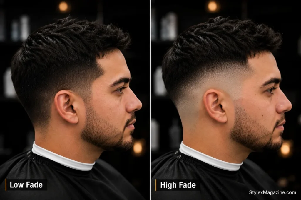 Low fade vs high fade side by side showing the dramatic difference between subtle low starting point and bold high starting poin