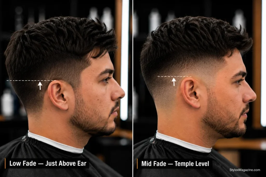 Low fade vs mid fade side by side comparison showing the difference in starting height above the ear vs temple level