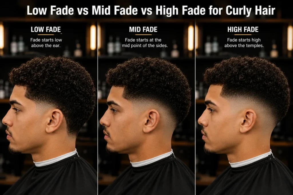 Low fade vs mid fade vs high fade on curly hair showing how curls shrink when dry and push the fade line higher than intended