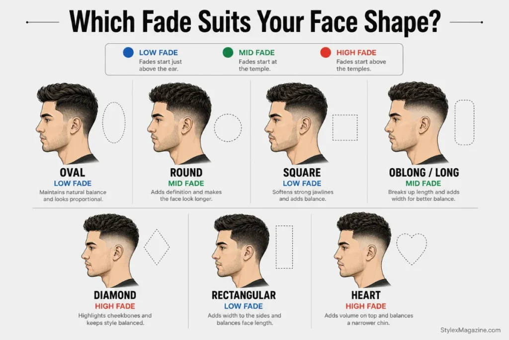 Face shape guide for low mid and high fade showing which fade suits oval round square oblong diamond rectangular and heart face shapes