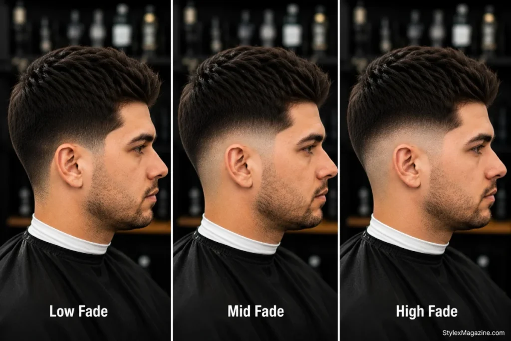 Low fade vs mid fade vs high fade on straight hair showing grow-out speed difference and fade line sharpness on straight hair texture