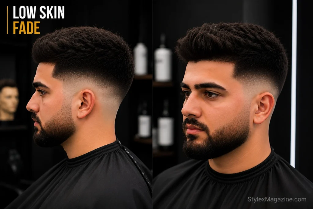 Low skin fade haircut showing bare skin at the base with thick dense hair on top
