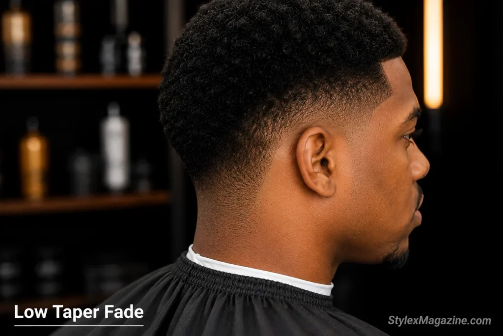 Low taper fade on a Black man showing hair always remaining at the neckline base with no bare skin visible anywhere