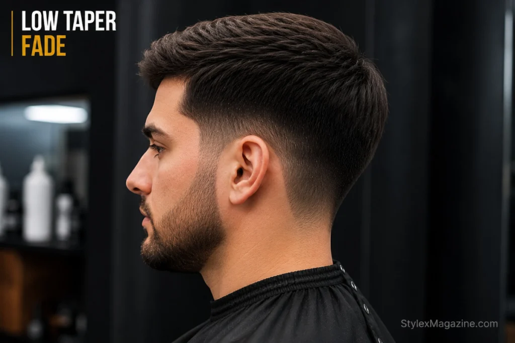 Low taper fade haircut with gradual blend from sides to neckline, no skin showing at base