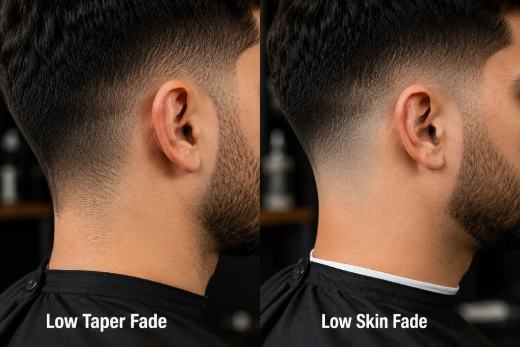 Low taper fade vs low skin fade comparison showing both starting just above the ear but with different base finishes — hair remaining versus bare skin