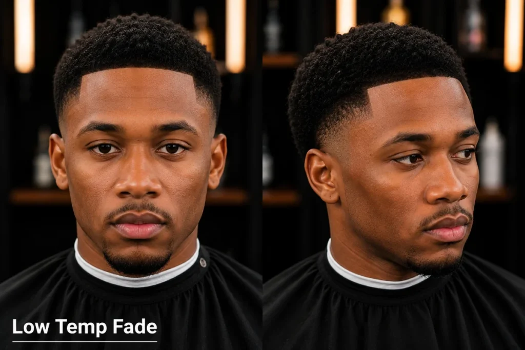 4. Low temp fade on a Black man showing sharp fade concentrated around temples and frontal hairline with fuller hair at the back