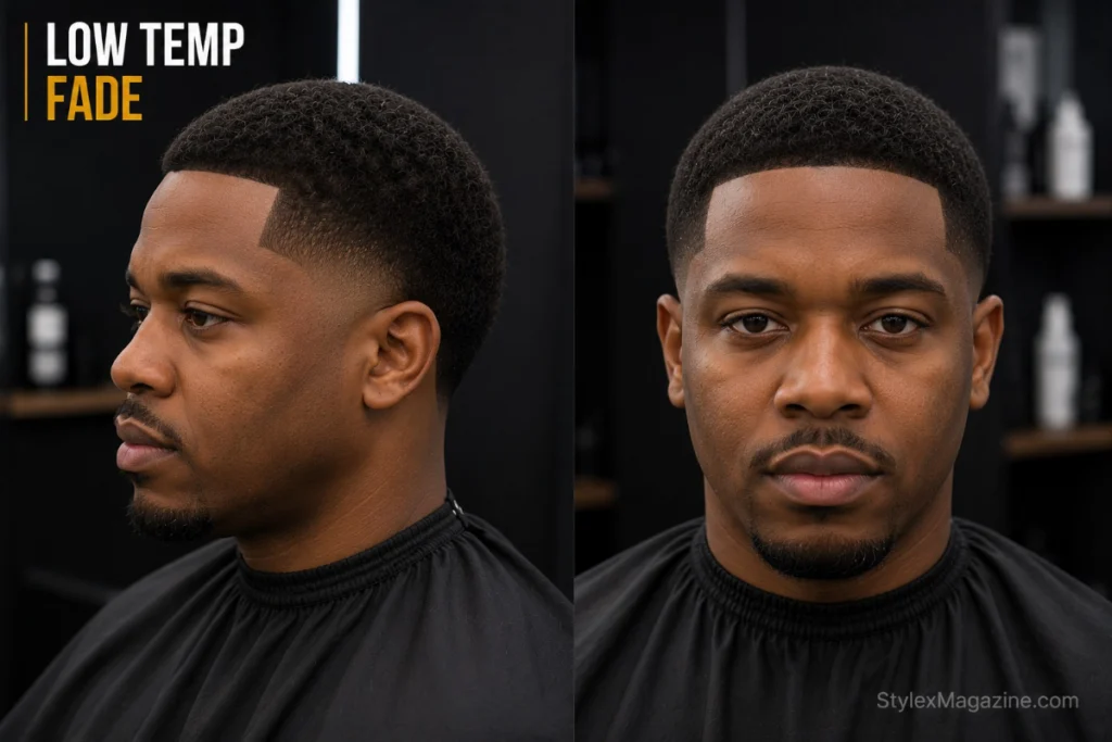 Low temp fade haircut with sharp fade around the temples and hairline, clean lineup edges