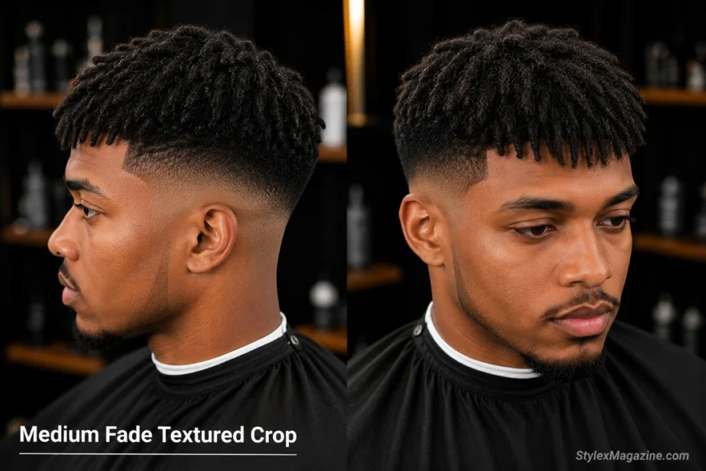 Medium fade textured crop on a Black man with choppy point-cut fringe pushed forward and mid fade on both sides