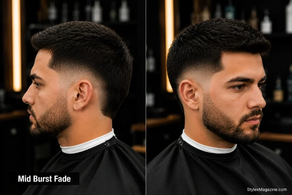 Mid burst fade haircut with arc starting at temple level showing balanced contrast and longer hair preserved at the back