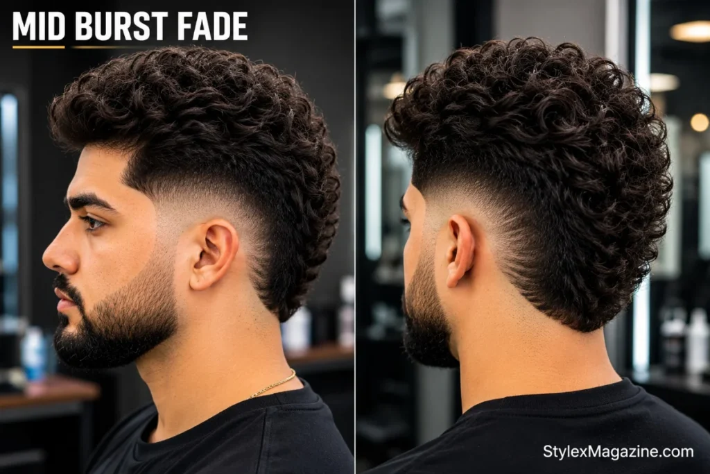 Mid burst fade haircut with semi-circular arc curving around the ear at temple level, longer hair at the back