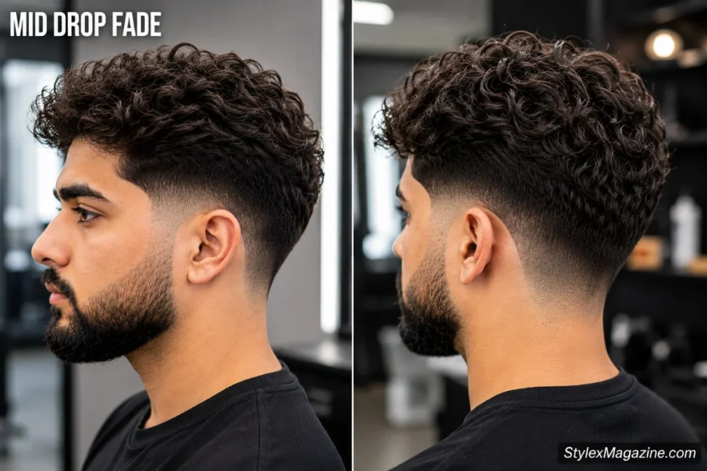 4. Mid drop fade haircut with fade line curving downward behind the ear, side and back view showing the drop