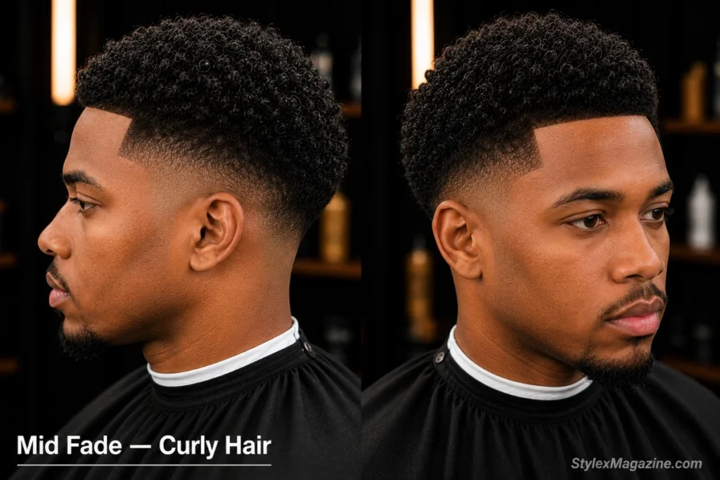 6. Mid fade on a Black man with Type 3B defined curls on top showing scissor-over-comb natural curl to fade transition