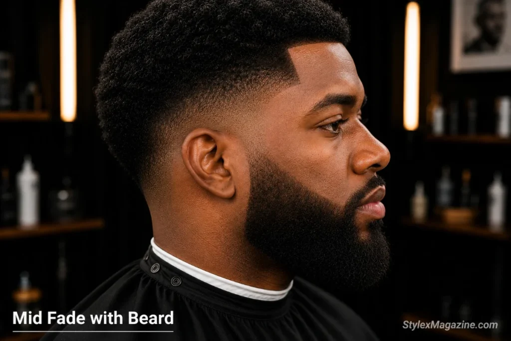 Mid fade on a Black man with full beard showing seamless sideburn blend between coarse beard texture and faded sides