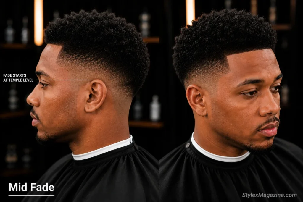 Mid fade haircut on a Black man with fade starting at temple level showing balanced moderate contrast on sides