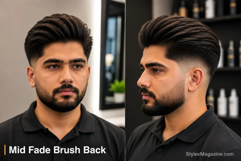 Mid fade brush back haircut with hair blow-dried back with volume and texture, mid fade sides from temple level