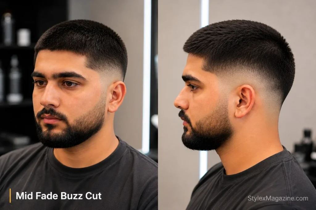 Mid fade buzz cut with uniform short hair on top and defined mid fade sides from temple level