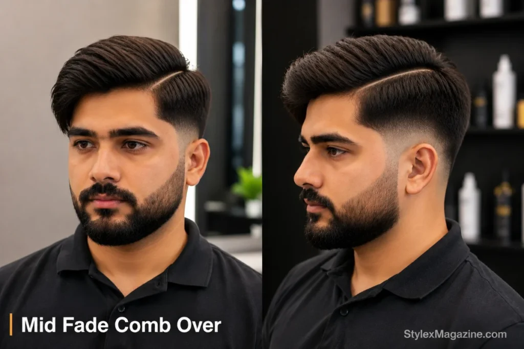 Mid fade comb over haircut with shaved hard part on left side and hair combed across, mid fade from temple level