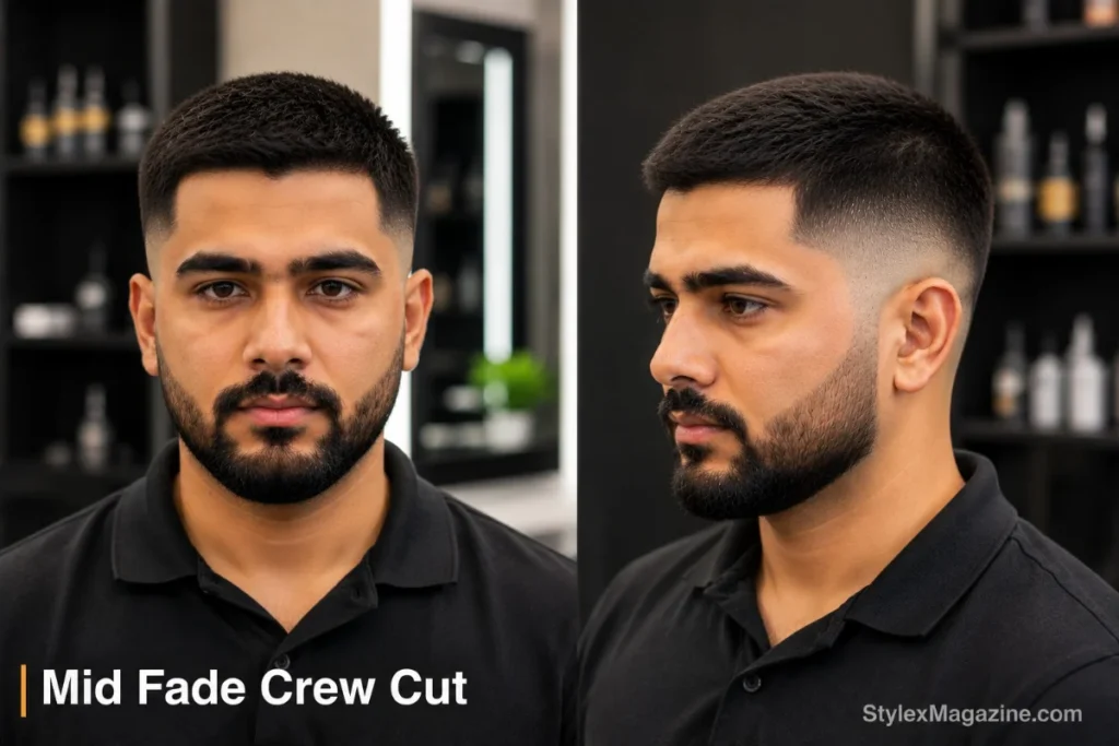 Mid fade crew cut haircut with short even top slightly longer at front, clean mid fade from temple level