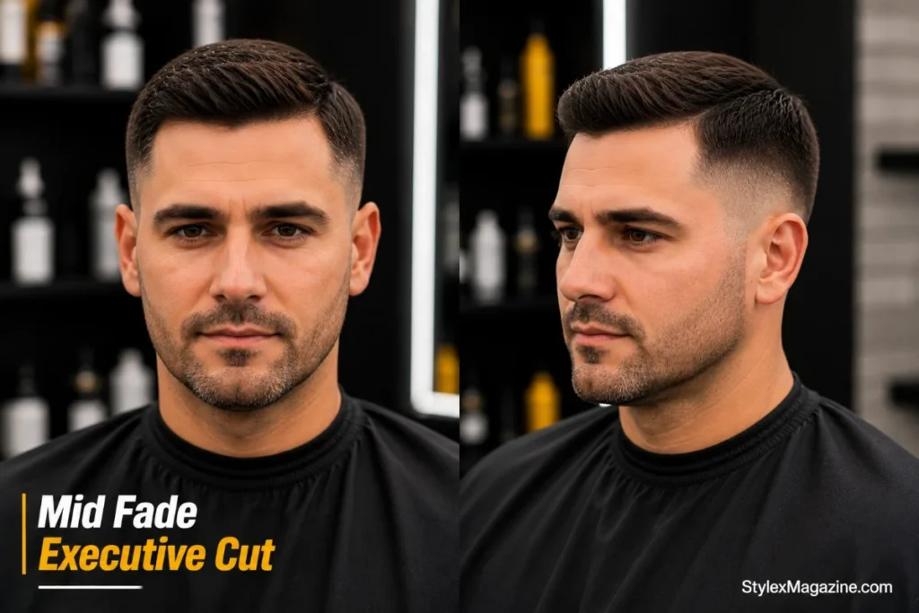 Mid fade executive cut also known as Ivy League with polished short top, natural side part and mid fade from temple level