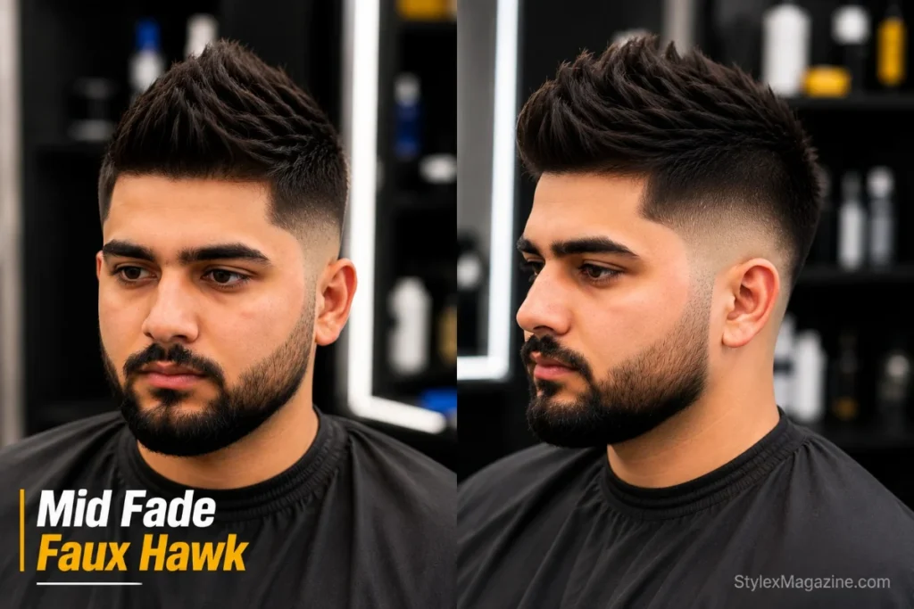 Mid fade faux hawk haircut with hair styled upward along the center and mid fade sides from temple level
