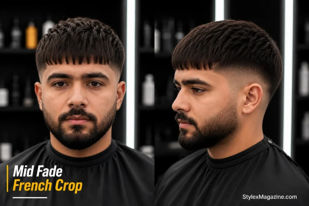 11. Mid fade French crop haircut with perfectly straight blunt fringe above eyebrows and clean mid fade sides