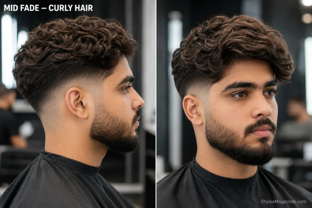 Mid fade haircut on a man with natural curly hair on top, clean curl to fade transition starting at temple level
