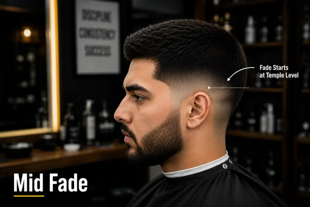 Mid fade haircut showing balanced fade starting at temple level with moderate skin visible on sides