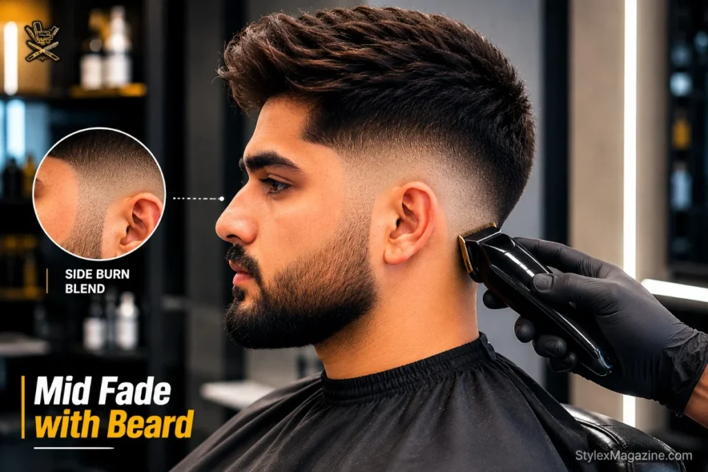Mid fade haircut connected into a full beard with careful blend at the sideburn bridging the gap between fade and beard