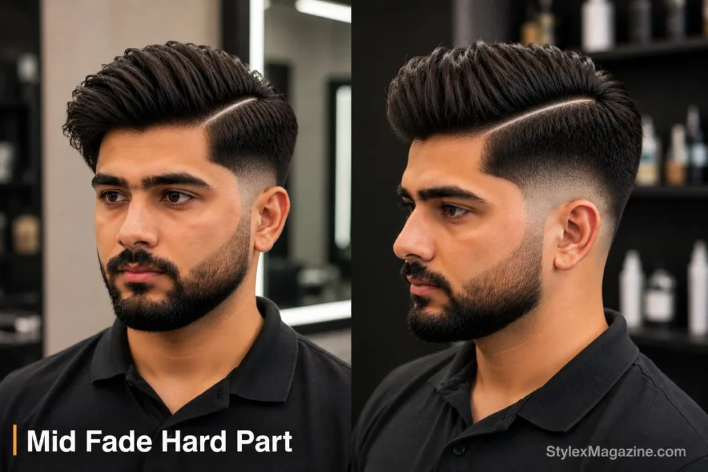 Mid fade hard part haircut with razor shaved line precisely cut into the side of the head, mid fade from temple level