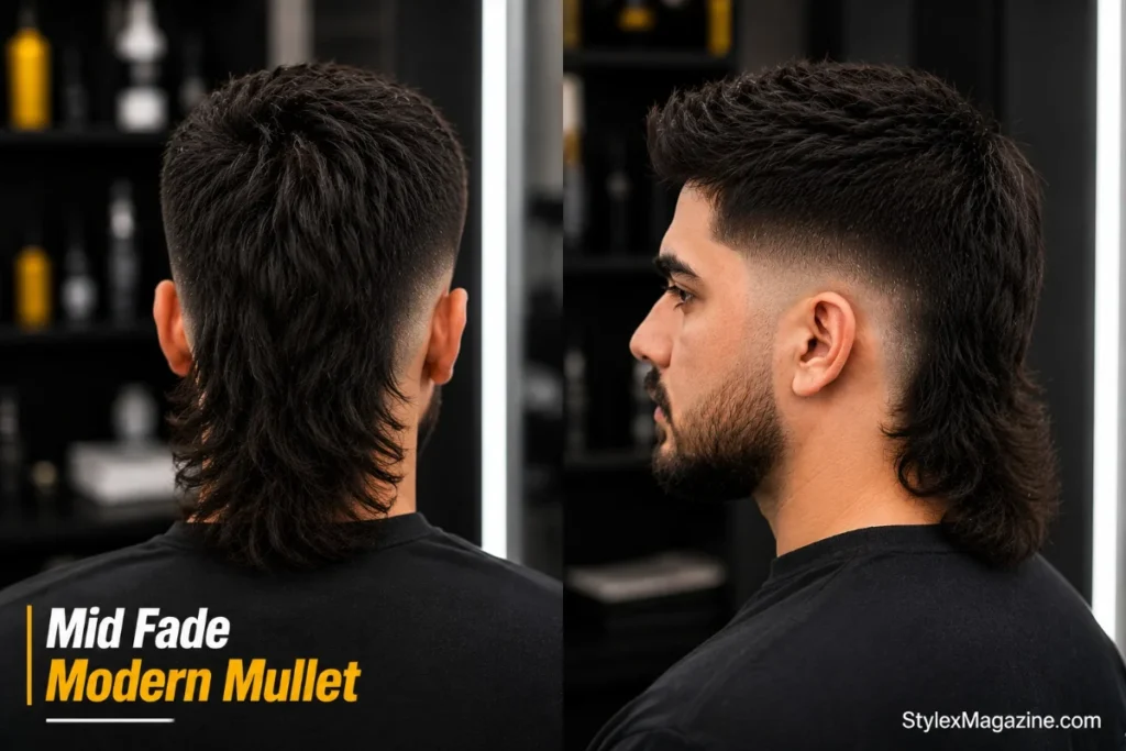 24. Mid fade modern mullet with short hair on top, longer at the back and clean mid fade sides from temple level