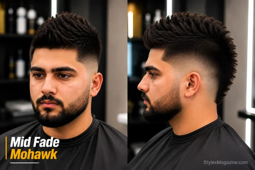 Mid fade mohawk haircut with strip of longer textured hair down the center and tight mid fade sides from temple level