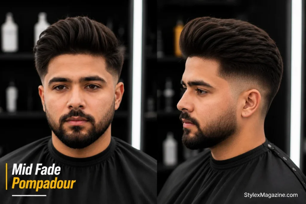 12. Mid fade pompadour haircut with volume swept back on top and clean mid fade sides from temple level