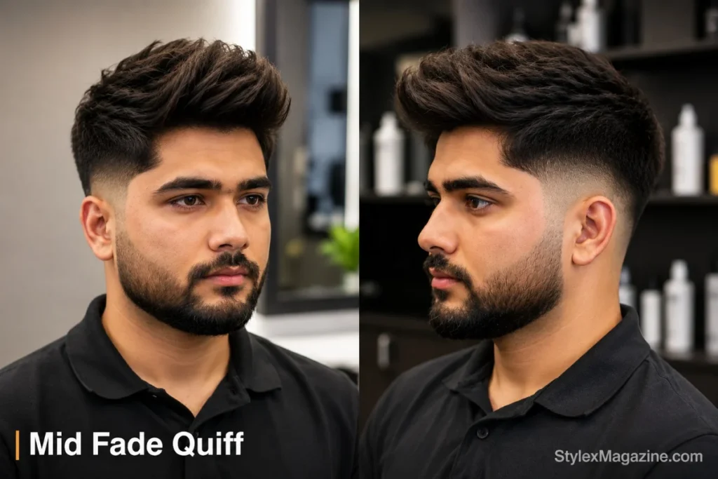 Mid fade quiff haircut with volume pushed forward and up at the front, clean mid fade sides from temple level