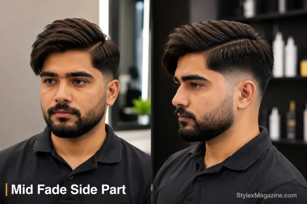Mid fade side part haircut with natural hair parting on one side and clean mid fade on both sides from temple level
