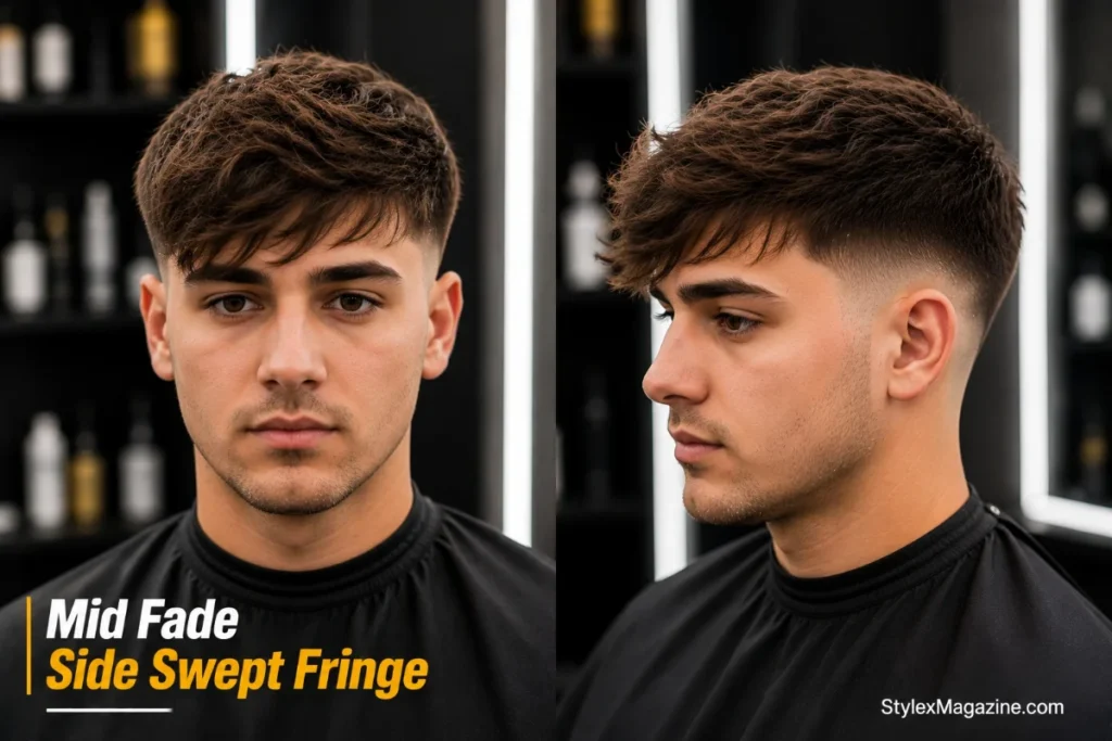 Mid fade side swept fringe haircut with hair falling forward and sweeping naturally to one side, mid fade from temple level