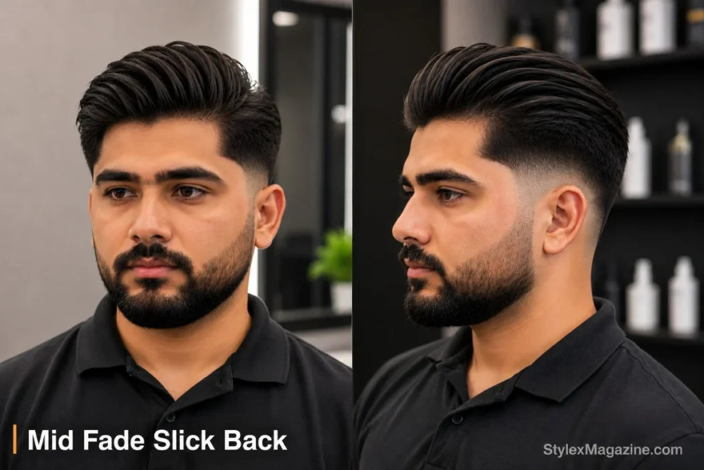 Mid fade slick back haircut with hair combed straight back on top, clean mid fade sides from temple level