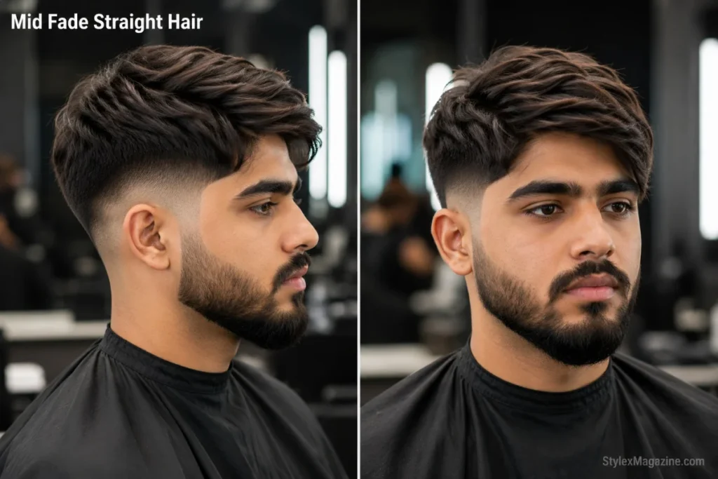 9. Mid fade haircut on a man with straight textured hair on top, sharp precise fade lines starting at temple level