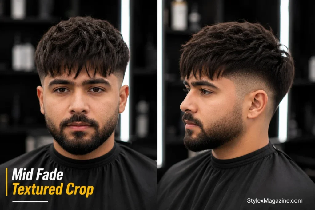 Mid fade textured crop haircut with choppy layers pushed forward and clean mid fade sides from temple level