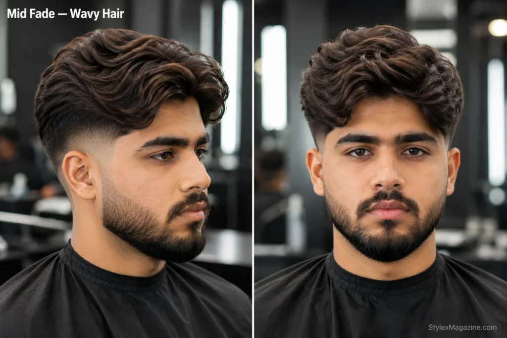 Mid fade haircut on a man with natural wavy hair on top, mid drop fade following the natural wave direction