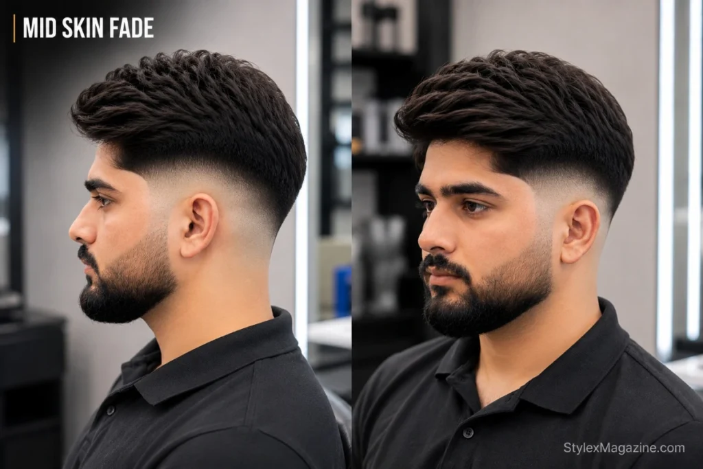 Mid skin fade haircut showing bare skin at the base from temple level, thick dense hair on top