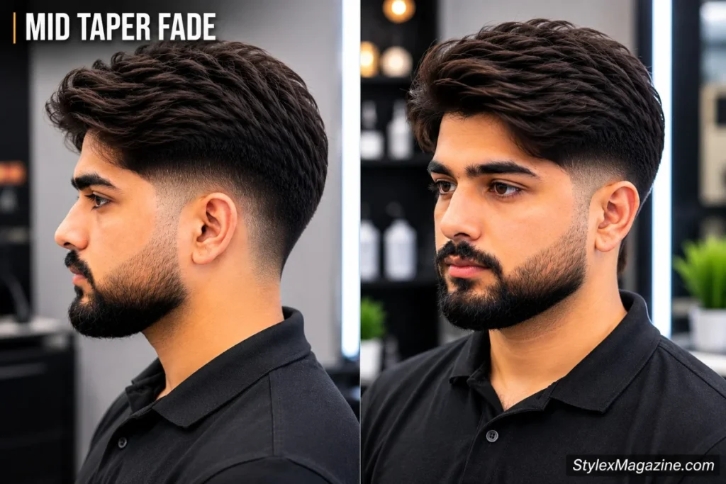 Mid taper fade haircut with gradual blend from temple level, some hair always remaining at the base