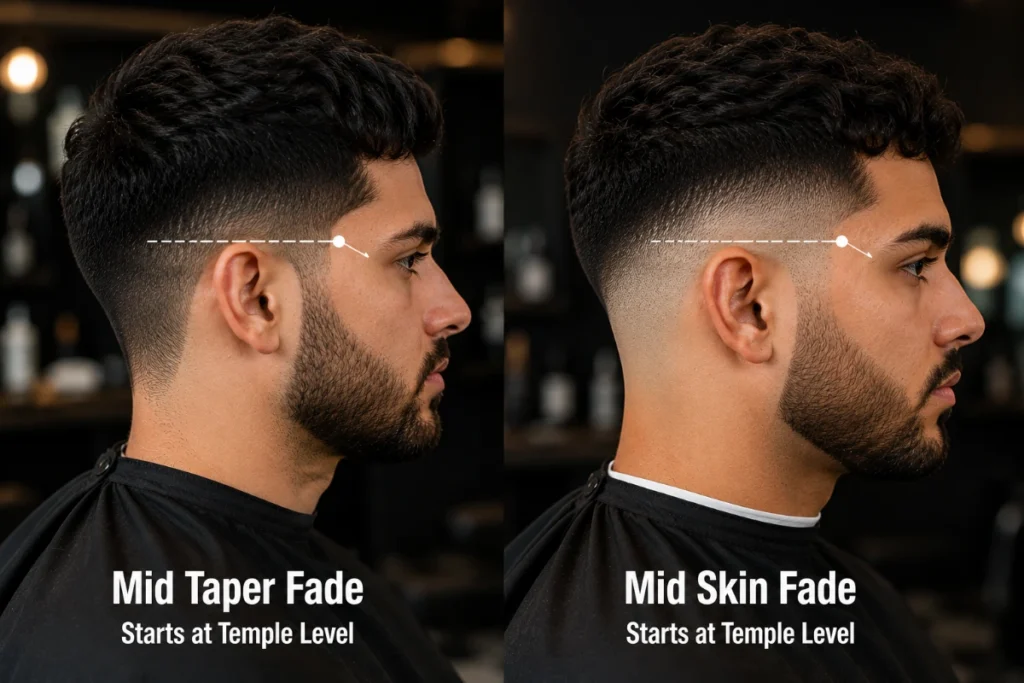 Mid taper fade vs mid skin fade comparison showing both starting at temple level with different base finishes