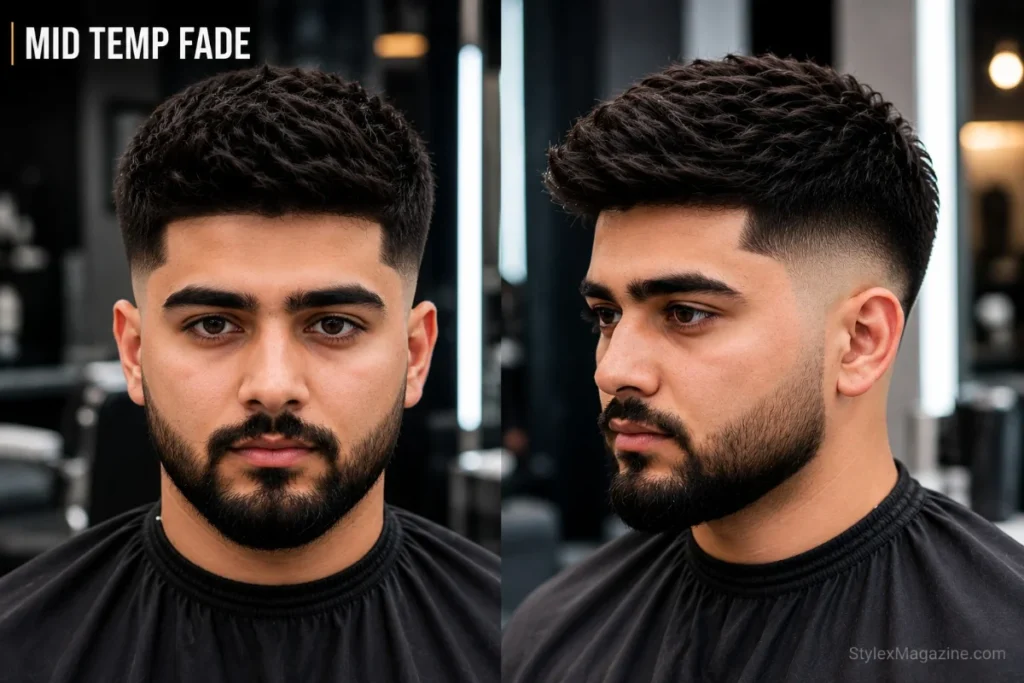 Mid temp fade haircut with sharp precise fade around the temples and hairline, longer hair kept at the back