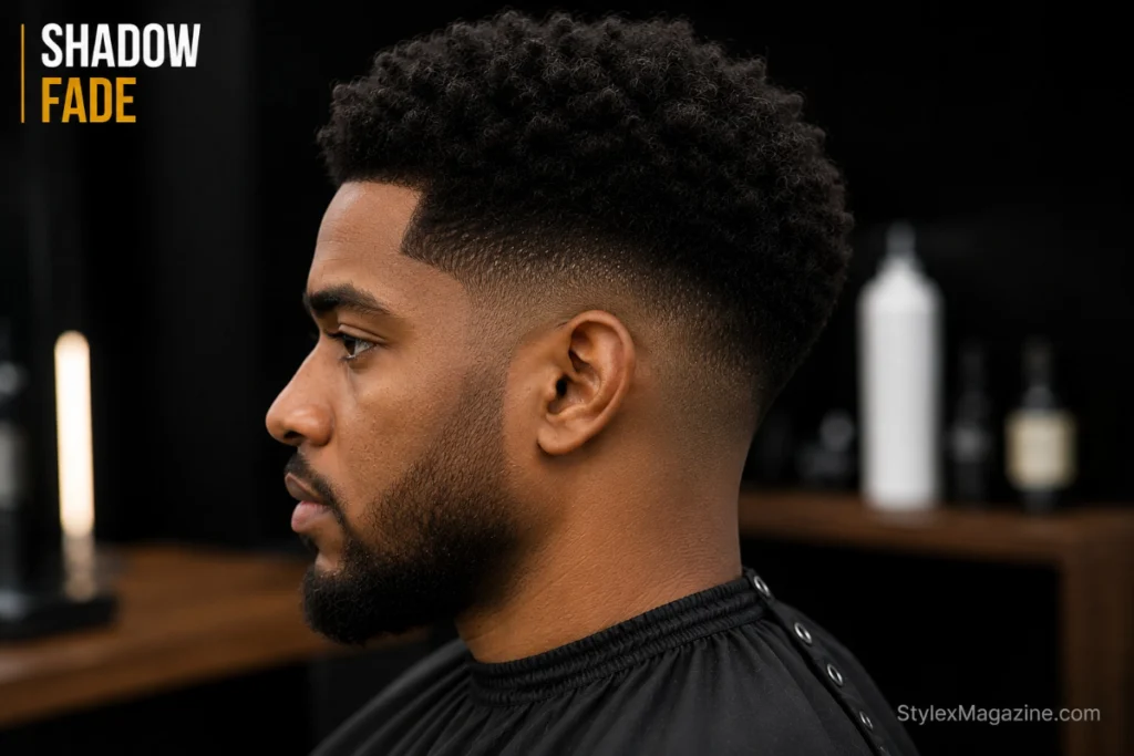 Shadow fade haircut showing dark to light gradient on sides stopping at stubble, coily hair on top