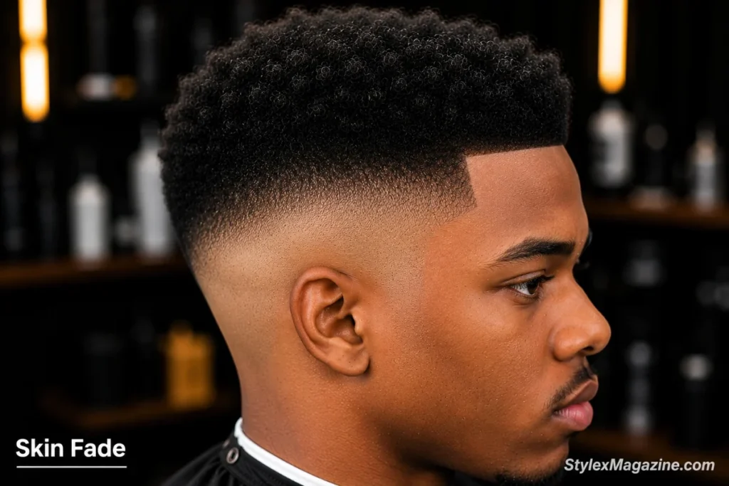 Skin fade on a Black man showing hair faded completely to bare skin with straight razor finish and sharp contrast against natural coily texture