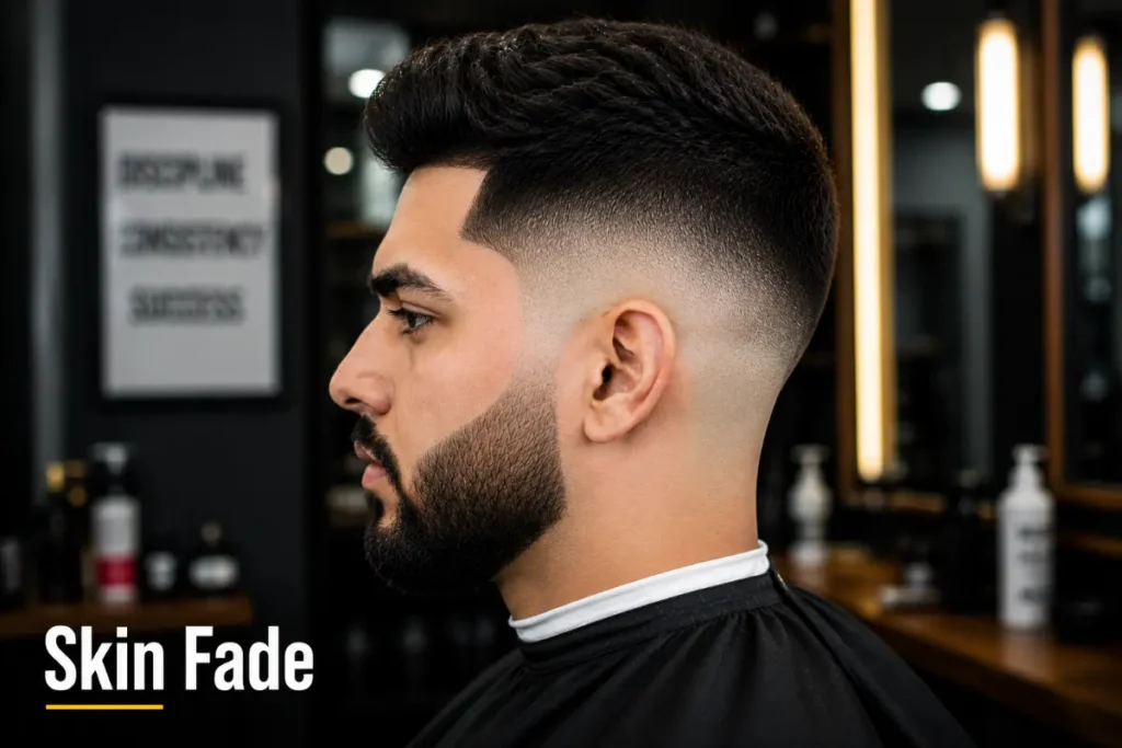 Skin fade haircut showing hair faded completely to bare skin at the base with straight razor finish — no stubble no shadow