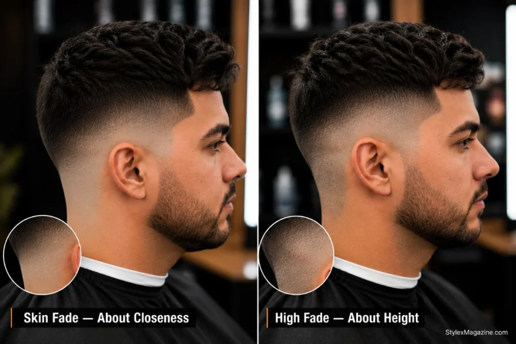 Skin fade vs high fade comparison showing that skin fade describes closeness while high fade describes height — a mid skin fade next to a high fade with stubble finish