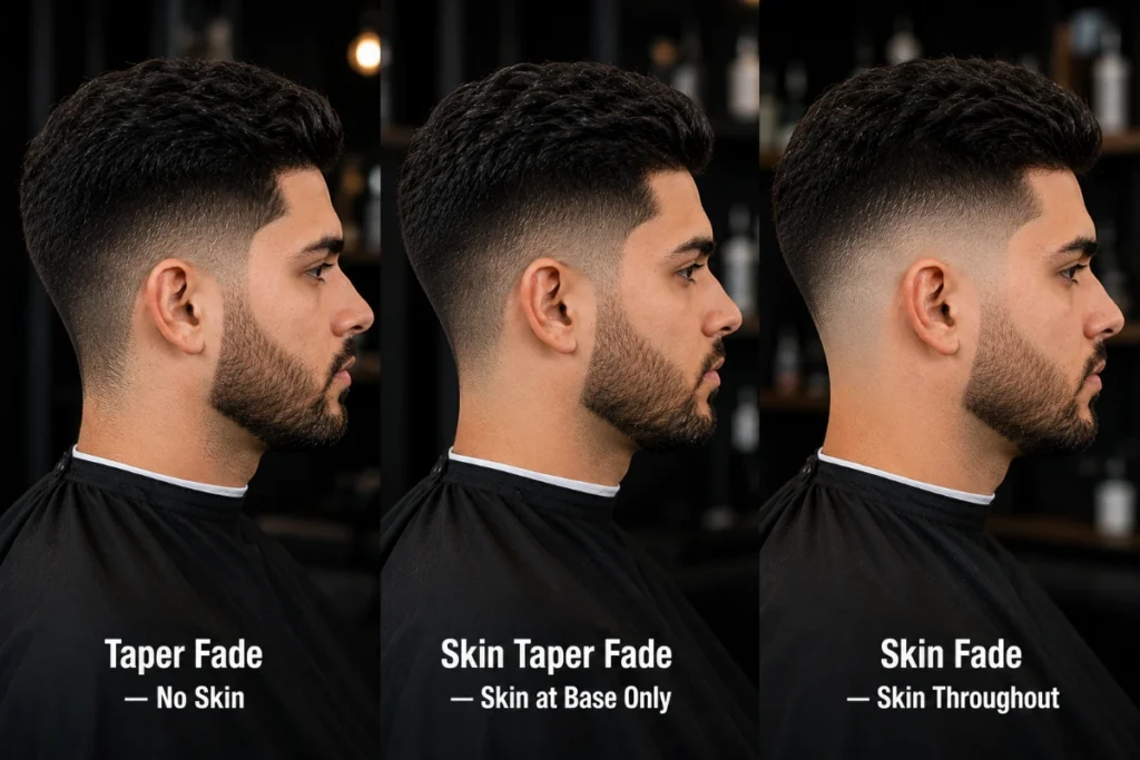 Skin taper fade haircut showing the hybrid — gradual taper on sides with bare skin only at the very base of the neckline and sideburns