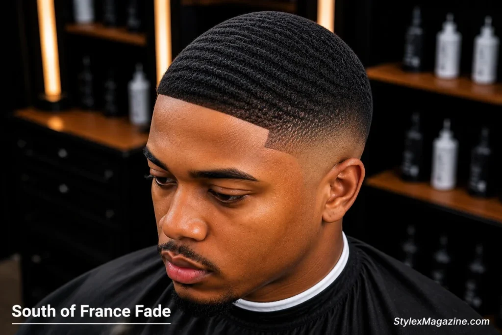 South of France fade on a Black man showing diagonal fade line following natural hairline direction at forehead